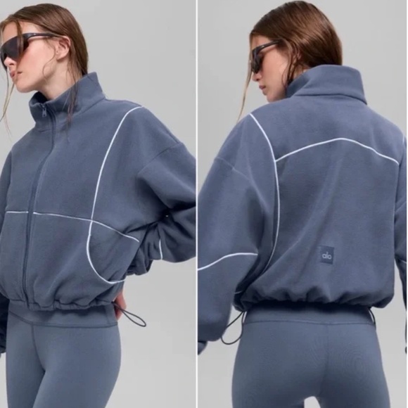 Alo Yoga NWT Polar Fleece Game Time Full Zip Jacket Blue Stone White Size M - Picture 2 of 5